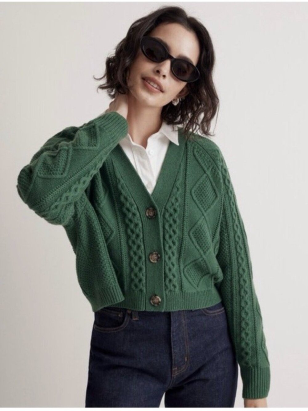 Madewell Cable Knit Cropped Cardigan Women’s S Varsity Green Wool Blend Sweater